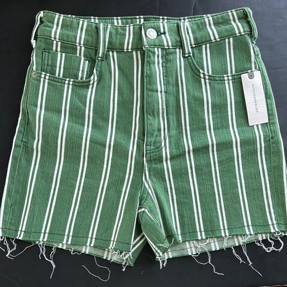 NWT Anthropologie Pilcro Green Striped High Rise Denim Raw Hem Short Women Sz 25 - Picture 3 of 16